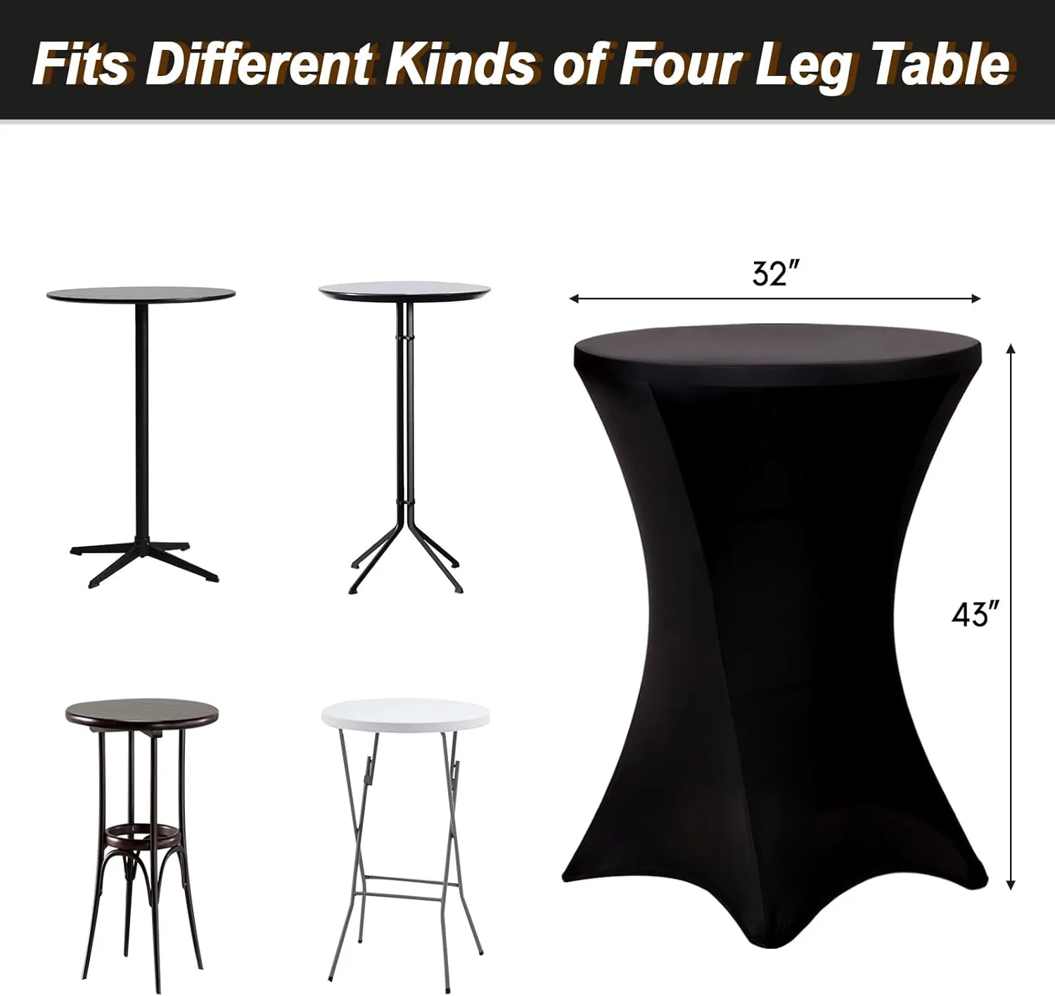 Fixwal 4 Pack Spandex Cocktail Table Covers, 32x43 Inch Black Fitted Stretch Highboy Round Cover Table Cloth for Party, Bar, Pub, Wedding, Banquet