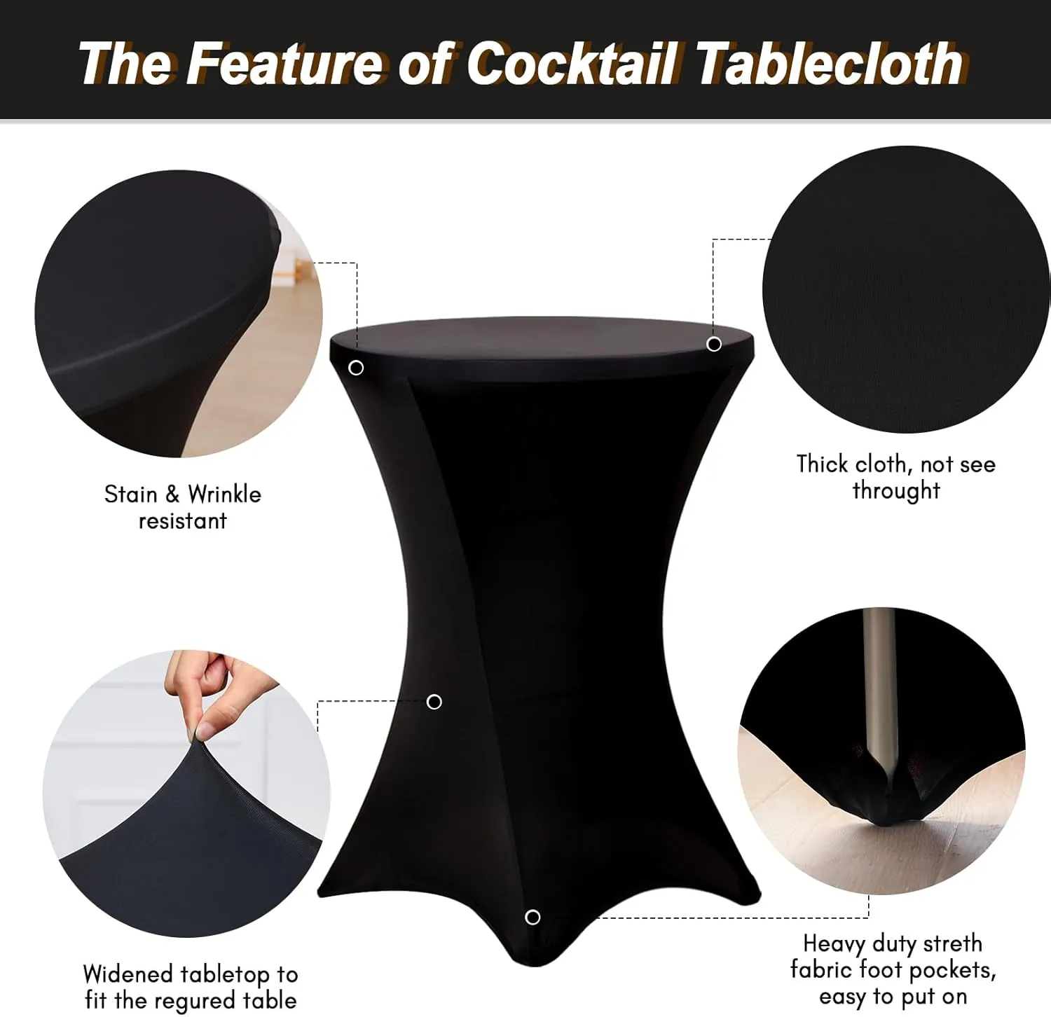 Fixwal 4 Pack Spandex Cocktail Table Covers, 32x43 Inch Black Fitted Stretch Highboy Round Cover Table Cloth for Party, Bar, Pub, Wedding, Banquet