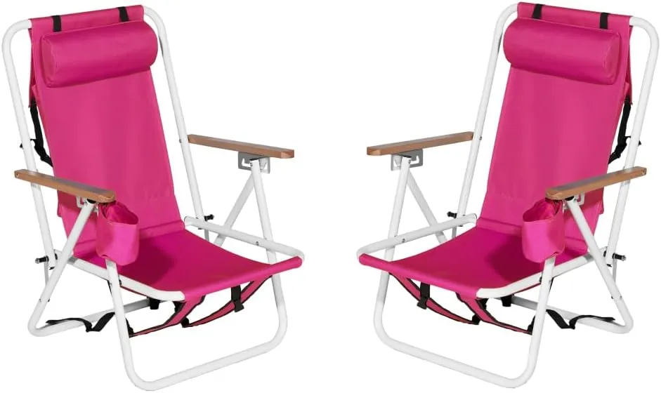 Folding Beach Chair Set of 2 with Armrest, 4 Reclining Positions, for Living Room, Bedroom, Study, Beach, Garden(23"x 21.7"x 31.5"). (Pink)