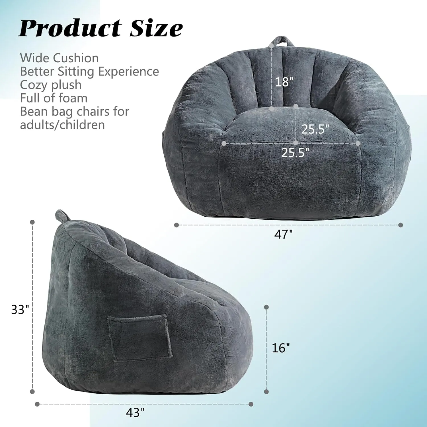 Giant Bean Bag Chair for Adults and Kids, BeanBag Couch Filler with Memory Foam, Ergonomic Faux Fur Shell-Shaped Boneless Chair and Reading Living Room, Bedroom, Grey
