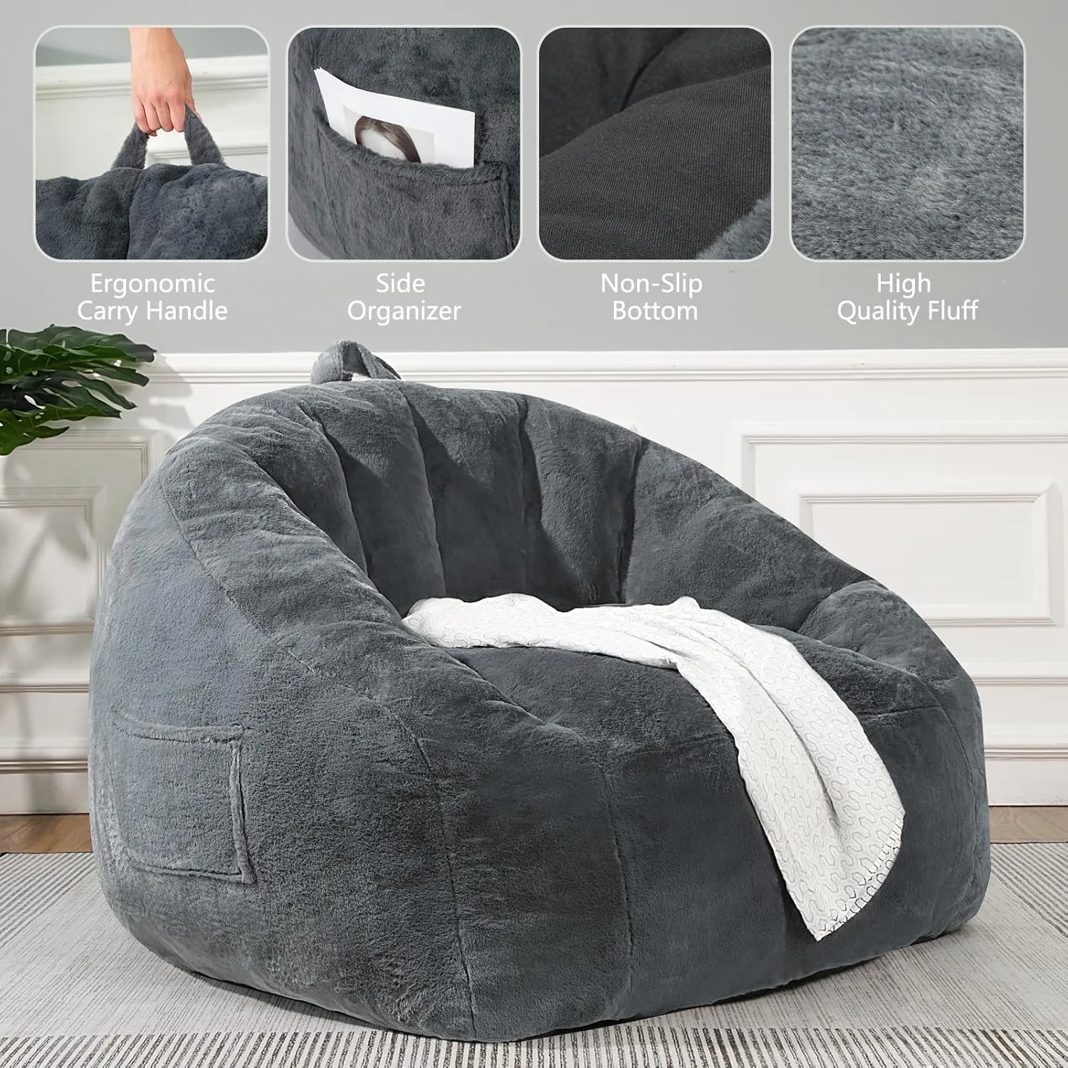 Giant Bean Bag Chair for Adults and Kids, BeanBag Couch Filler with Memory Foam, Ergonomic Faux Fur Shell-Shaped Boneless Chair and Reading Living Room, Bedroom, Grey