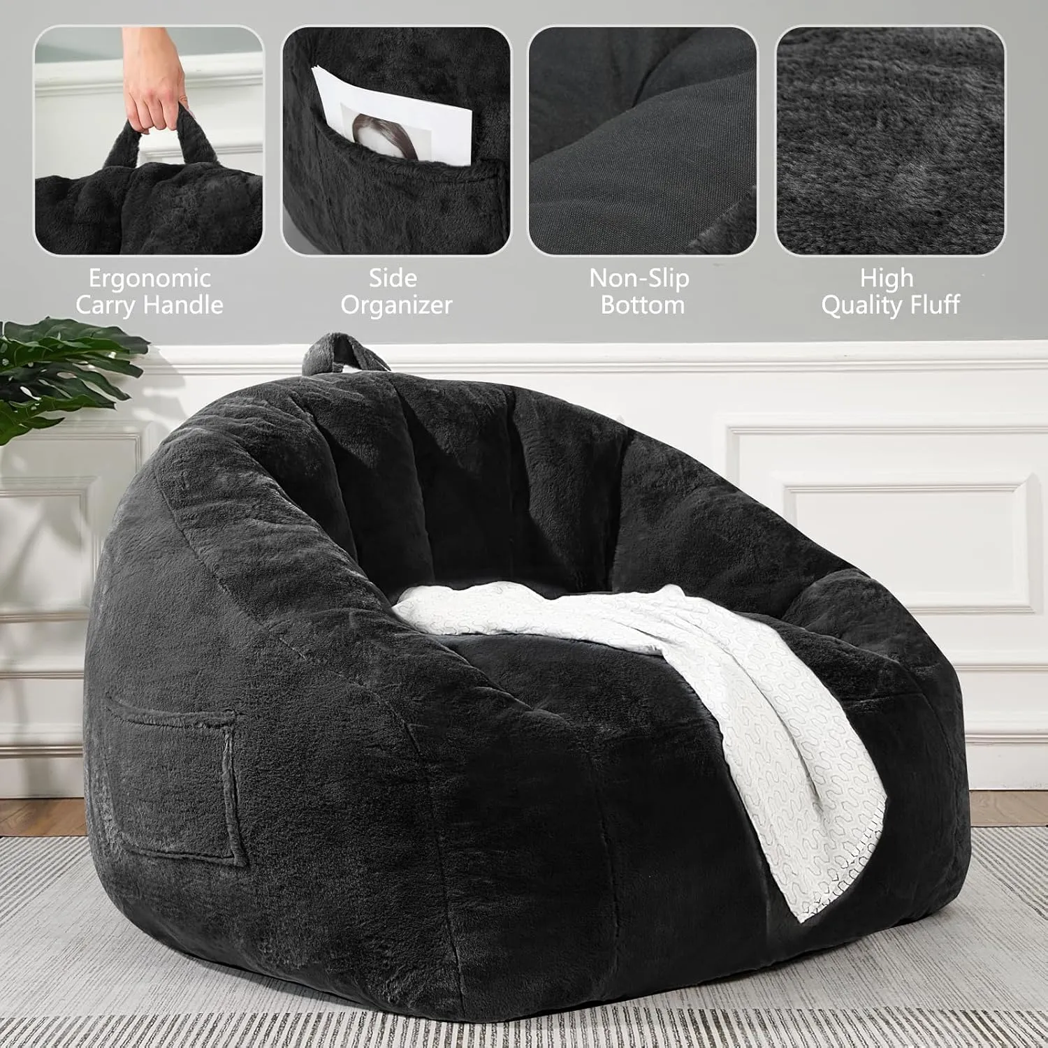 Giant Plush Bean Bag Chair for Adults with Armrests, BeanBag Couch Filler with Memory Foam, Faux Fur Comfy Bean Bag Chair, Anti-Slip Accent Chair Gaming and Reading, Black