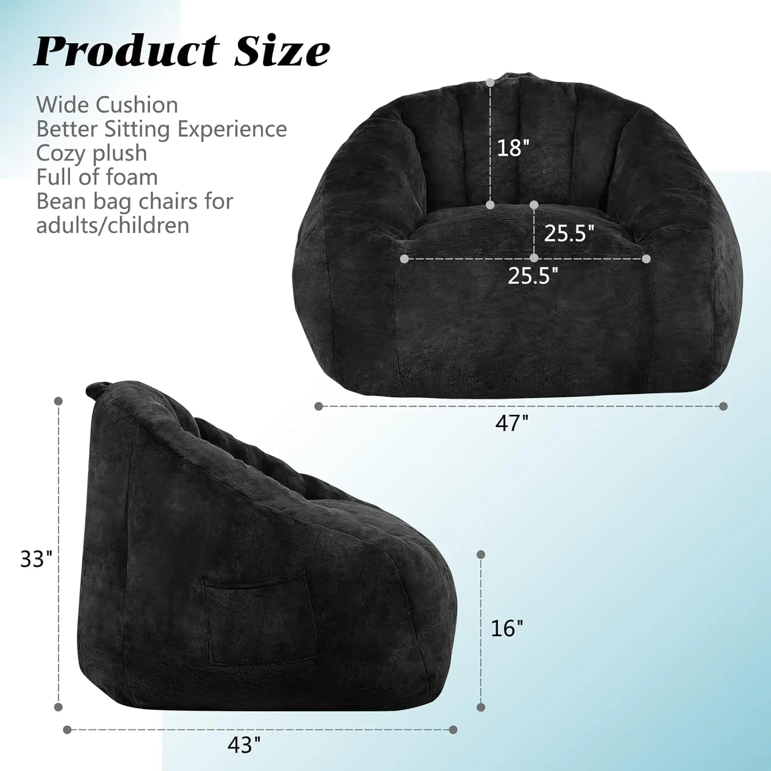 Giant Plush Bean Bag Chair for Adults with Armrests, BeanBag Couch Filler with Memory Foam, Faux Fur Comfy Bean Bag Chair, Anti-Slip Accent Chair Gaming and Reading, Black