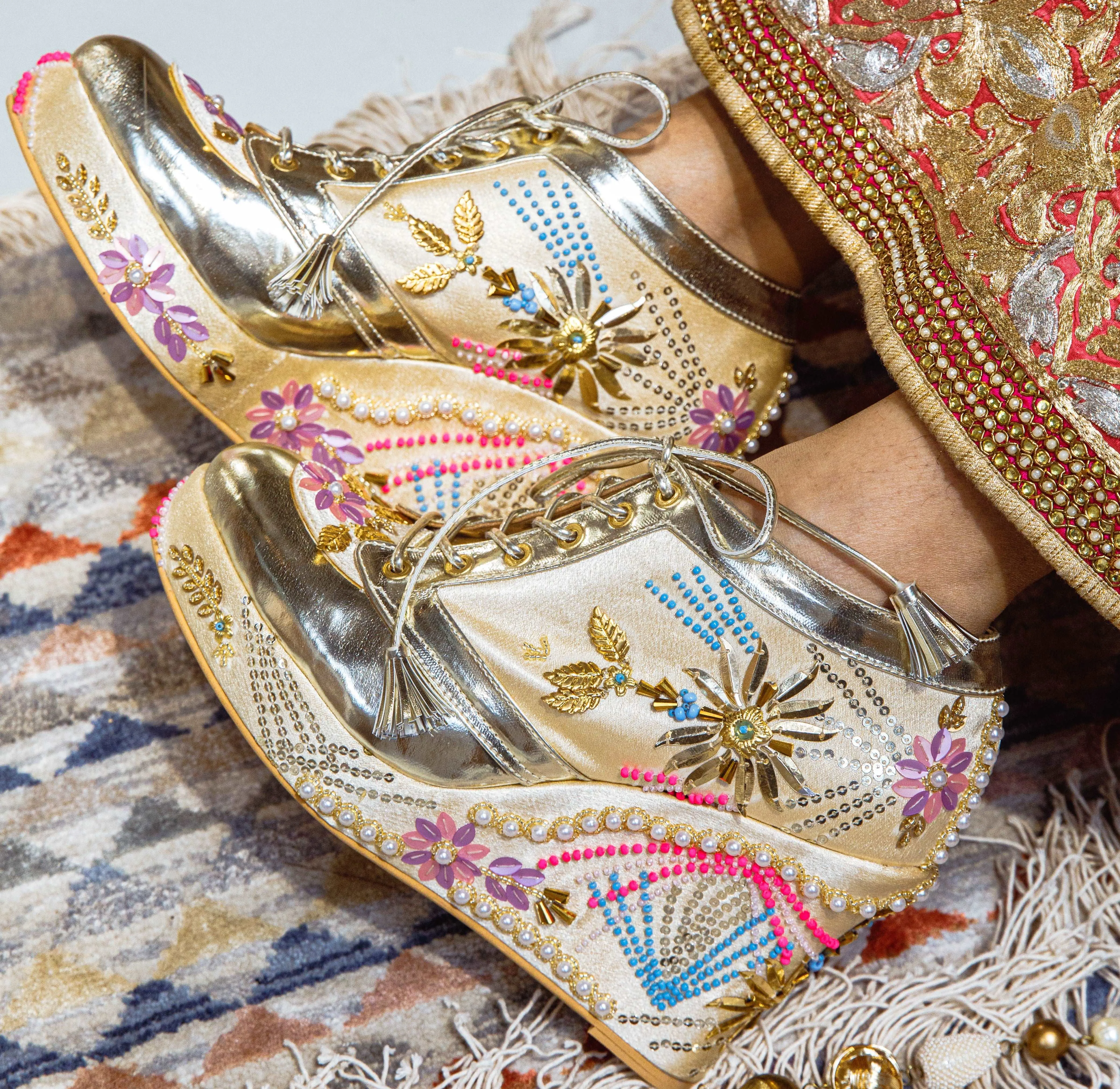 Gold Embroidered Bridal Sneaker Wedges - Customized Wedding Shoes