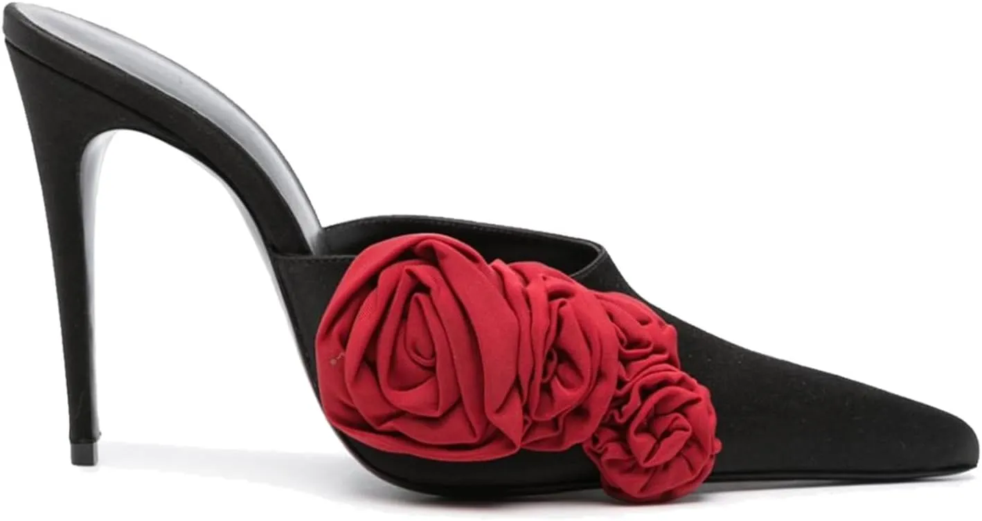 Goolita Flower Burgundy Pearl Mule Heels For Women, Stiletto Heel Slip On Pointed Toe Heeled Sandals Sexy Backless Party Heeled Slide Sandals