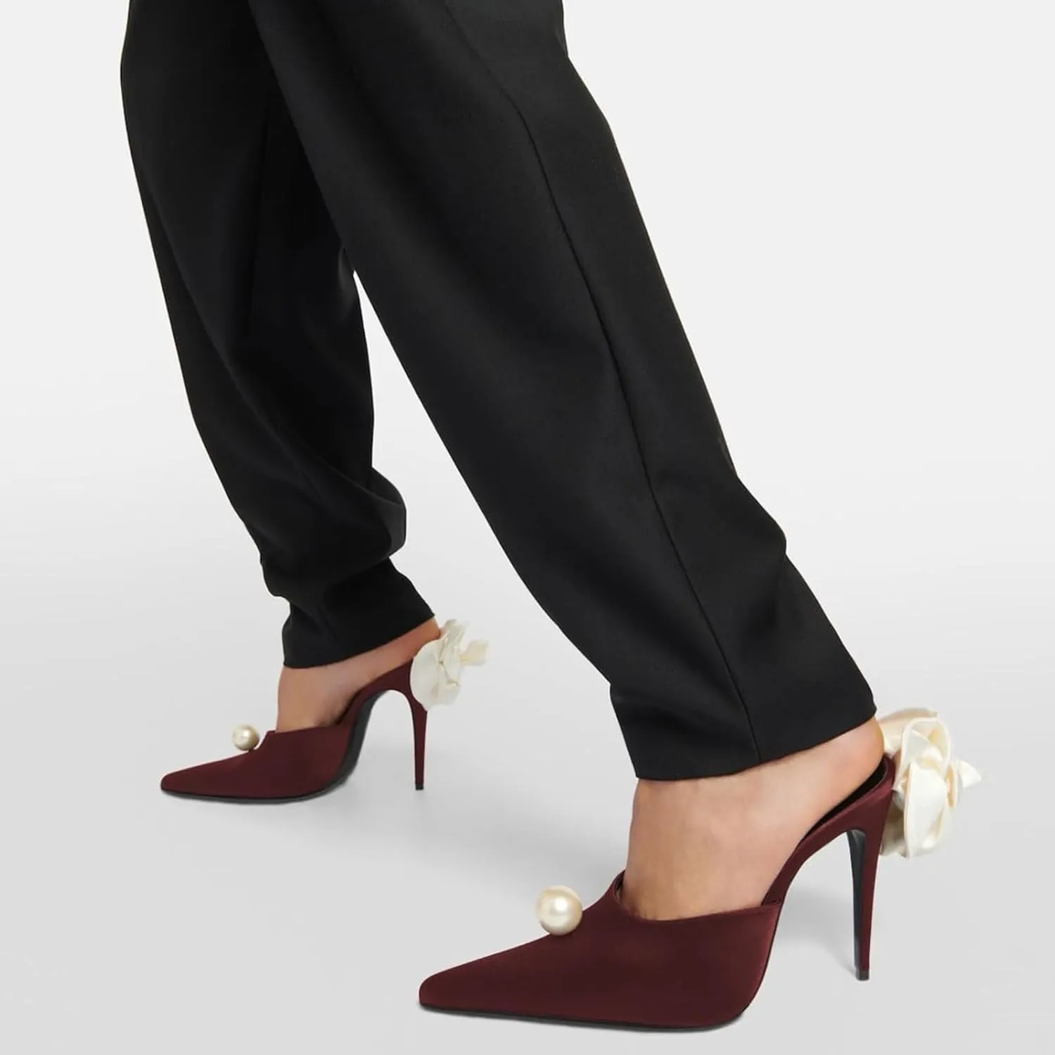 Goolita Flower Burgundy Pearl Mule Heels For Women, Stiletto Heel Slip On Pointed Toe Heeled Sandals Sexy Backless Party Heeled Slide Sandals