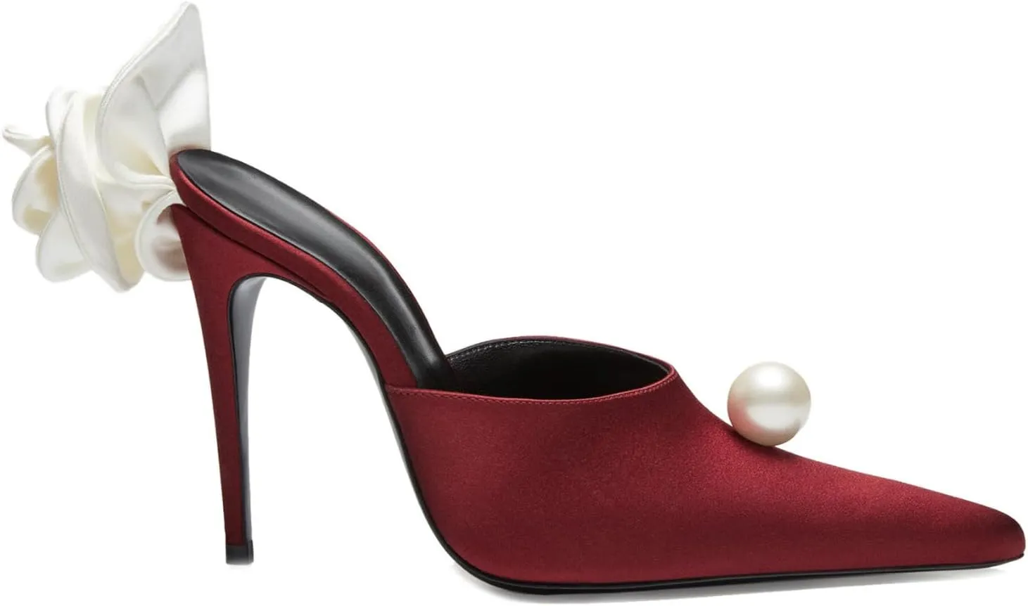 Goolita Flower Burgundy Pearl Mule Heels For Women, Stiletto Heel Slip On Pointed Toe Heeled Sandals Sexy Backless Party Heeled Slide Sandals