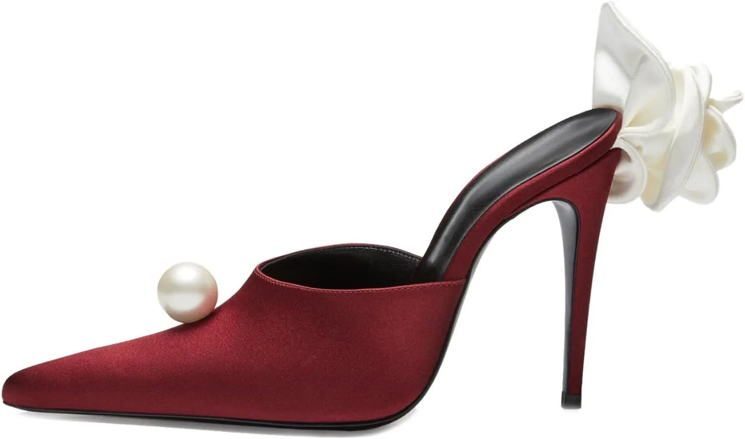 Goolita Flower Burgundy Pearl Mule Heels For Women, Stiletto Heel Slip On Pointed Toe Heeled Sandals Sexy Backless Party Heeled Slide Sandals