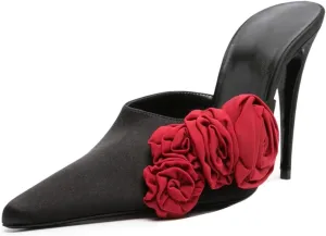 Goolita Flower Burgundy Pearl Mule Heels For Women, Stiletto Heel Slip On Pointed Toe Heeled Sandals Sexy Backless Party Heeled Slide Sandals