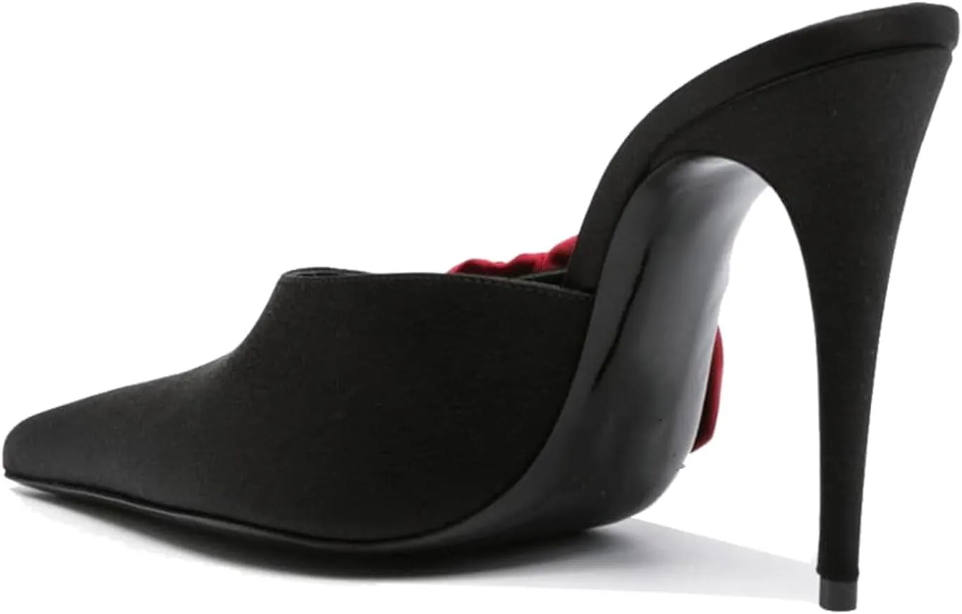 Goolita Flower Burgundy Pearl Mule Heels For Women, Stiletto Heel Slip On Pointed Toe Heeled Sandals Sexy Backless Party Heeled Slide Sandals