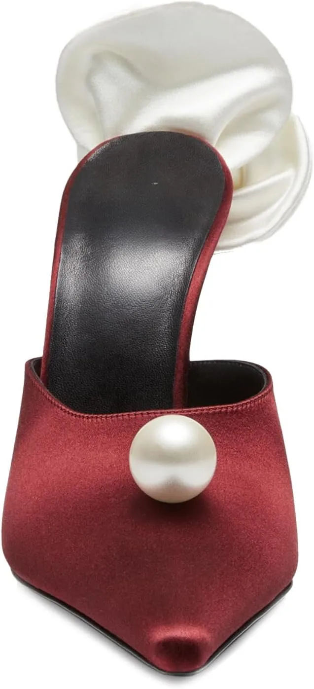 Goolita Flower Burgundy Pearl Mule Heels For Women, Stiletto Heel Slip On Pointed Toe Heeled Sandals Sexy Backless Party Heeled Slide Sandals