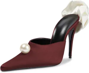 Goolita Flower Burgundy Pearl Mule Heels For Women, Stiletto Heel Slip On Pointed Toe Heeled Sandals Sexy Backless Party Heeled Slide Sandals