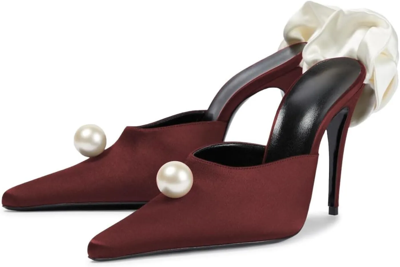 Goolita Flower Burgundy Pearl Mule Heels For Women, Stiletto Heel Slip On Pointed Toe Heeled Sandals Sexy Backless Party Heeled Slide Sandals