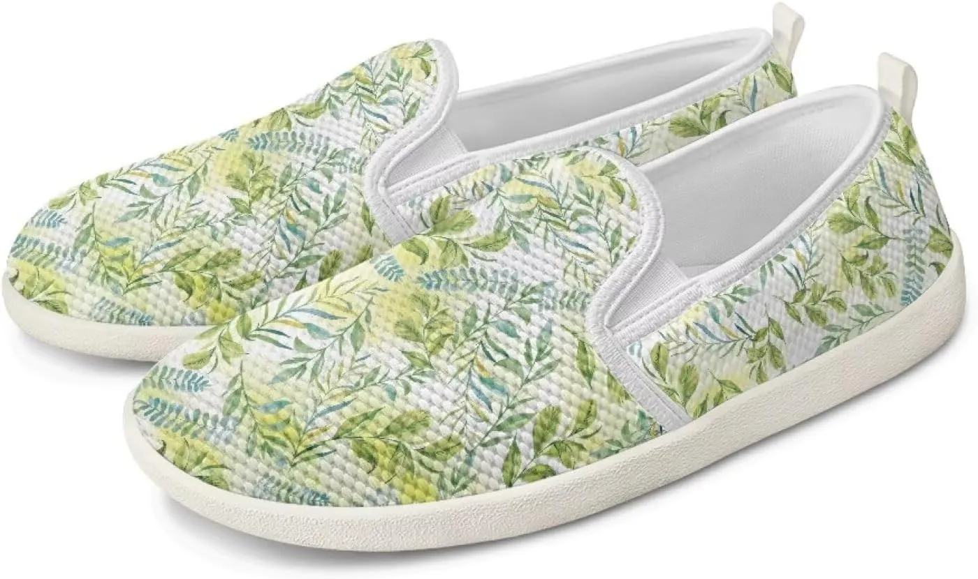 Green Leaf Wide Fashion Slip On Barefoot Women Casual Zero Drop Running Workout Soft Play Training Sneaker for Ladies Waterproof Non-Slip Cross-Trainer for Womens White US 8.5