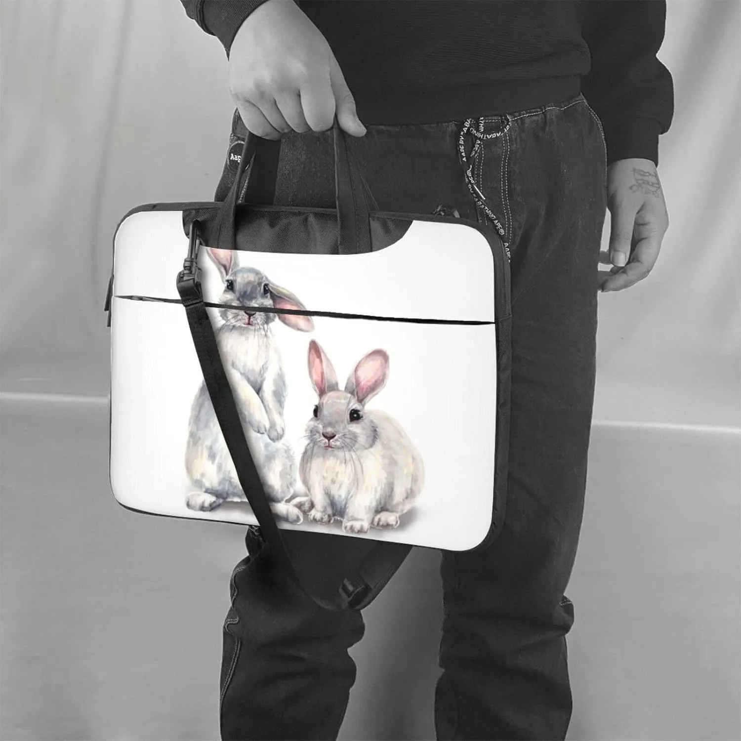 Grey Rabbits Hare Sketch Laptop Bag Shoulder Messenger Bag Computer Briefcase Bag For Business Office Work