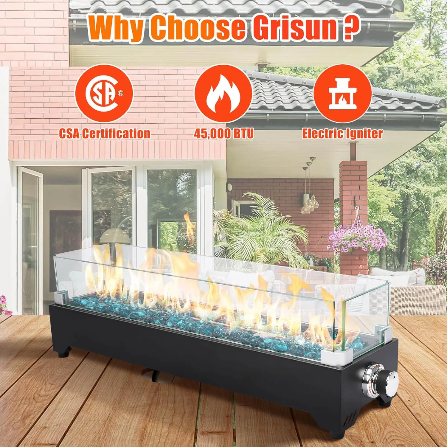 GRISUN 28" Table Top Propane Fire Pit, 45,000 BTU Tabletop Gas Fire Pit, Tabletop Firepit for Patio, Outdoor Portable Fireplace, Rectangular Fire Bowl with Glass Wind Guard, Glass Beads & Cover
