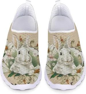 HUIACONG Easter Rabbit Floral Slip-On Flat for Women Mesh Lightweight Running Shoes Size 10 Breathable Sneaker Teen Girls Anti-Skid Trainer for Outdoor Travel Jogging