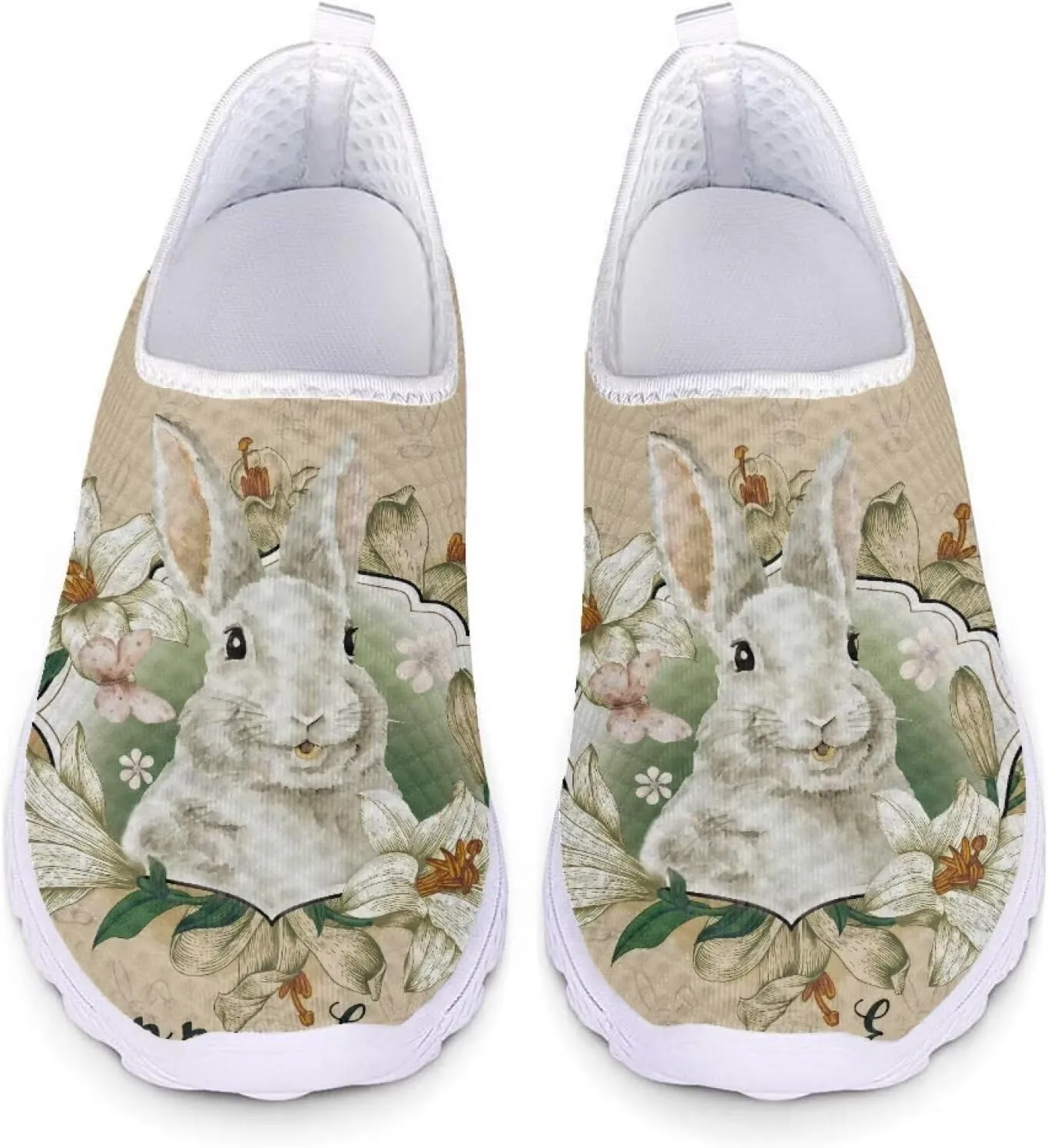 HUIACONG Easter Rabbit Floral Slip-On Flat for Women Mesh Lightweight Running Shoes Size 10 Breathable Sneaker Teen Girls Anti-Skid Trainer for Outdoor Travel Jogging
