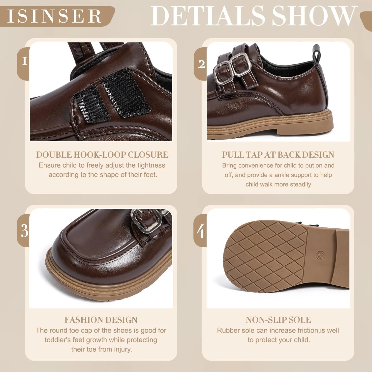 ISINSER Toddler Boys Girls Classic Dress Shoes Little Kid PU Leather Comfort Rubble Sole Oxford School Uniform Wedding Flats