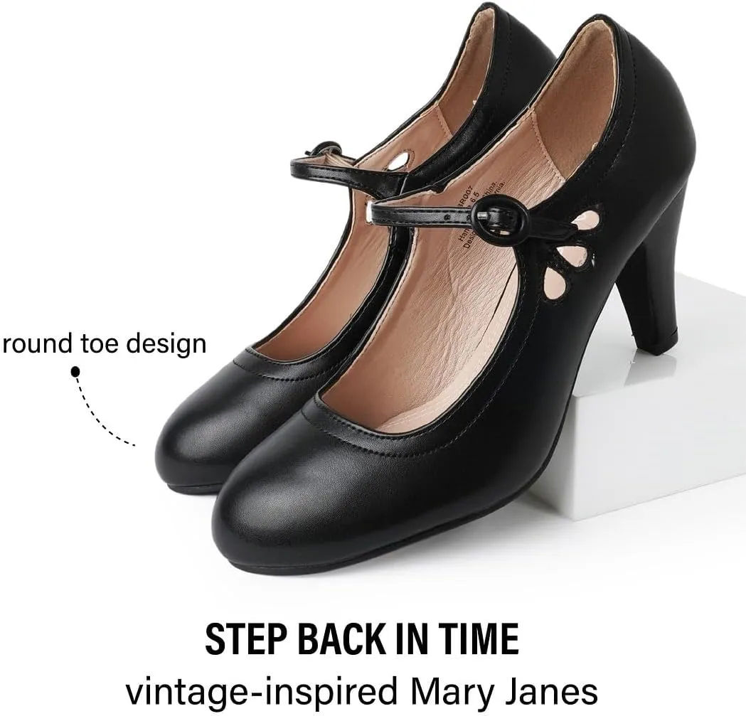 J. Adams Pixie Mary Jane Shoes Women Oxford Pumps - Cute Low Kitten High Heels - Retro Vintage Shoes for Women 1950s Mary Janes Round Toe Shoe with Ankle Strap - Women Dress Shoes