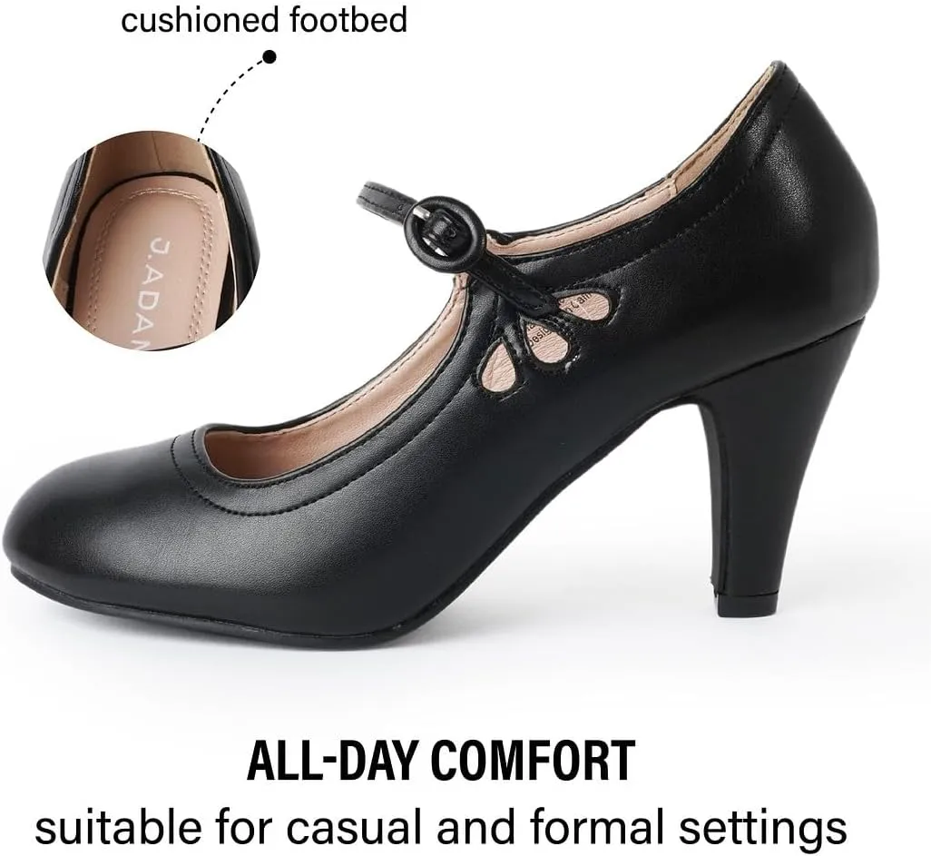 J. Adams Pixie Mary Jane Shoes Women Oxford Pumps - Cute Low Kitten High Heels - Retro Vintage Shoes for Women 1950s Mary Janes Round Toe Shoe with Ankle Strap - Women Dress Shoes