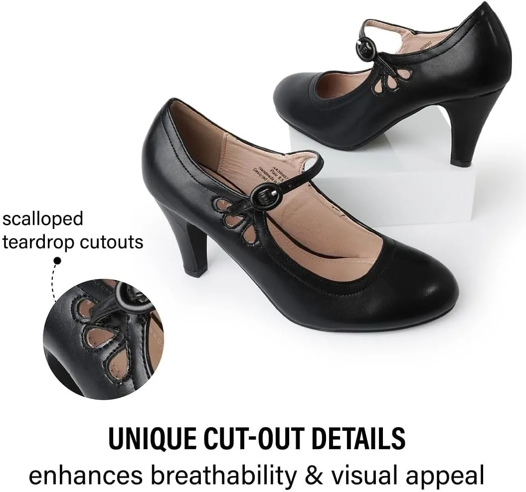 J. Adams Pixie Mary Jane Shoes Women Oxford Pumps - Cute Low Kitten High Heels - Retro Vintage Shoes for Women 1950s Mary Janes Round Toe Shoe with Ankle Strap - Women Dress Shoes