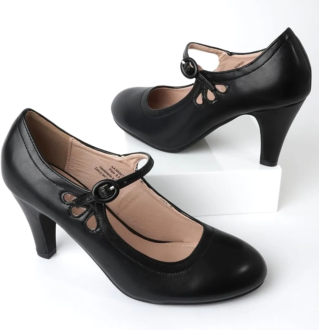 J. Adams Pixie Mary Jane Shoes Women Oxford Pumps - Cute Low Kitten High Heels - Retro Vintage Shoes for Women 1950s Mary Janes Round Toe Shoe with Ankle Strap - Women Dress Shoes