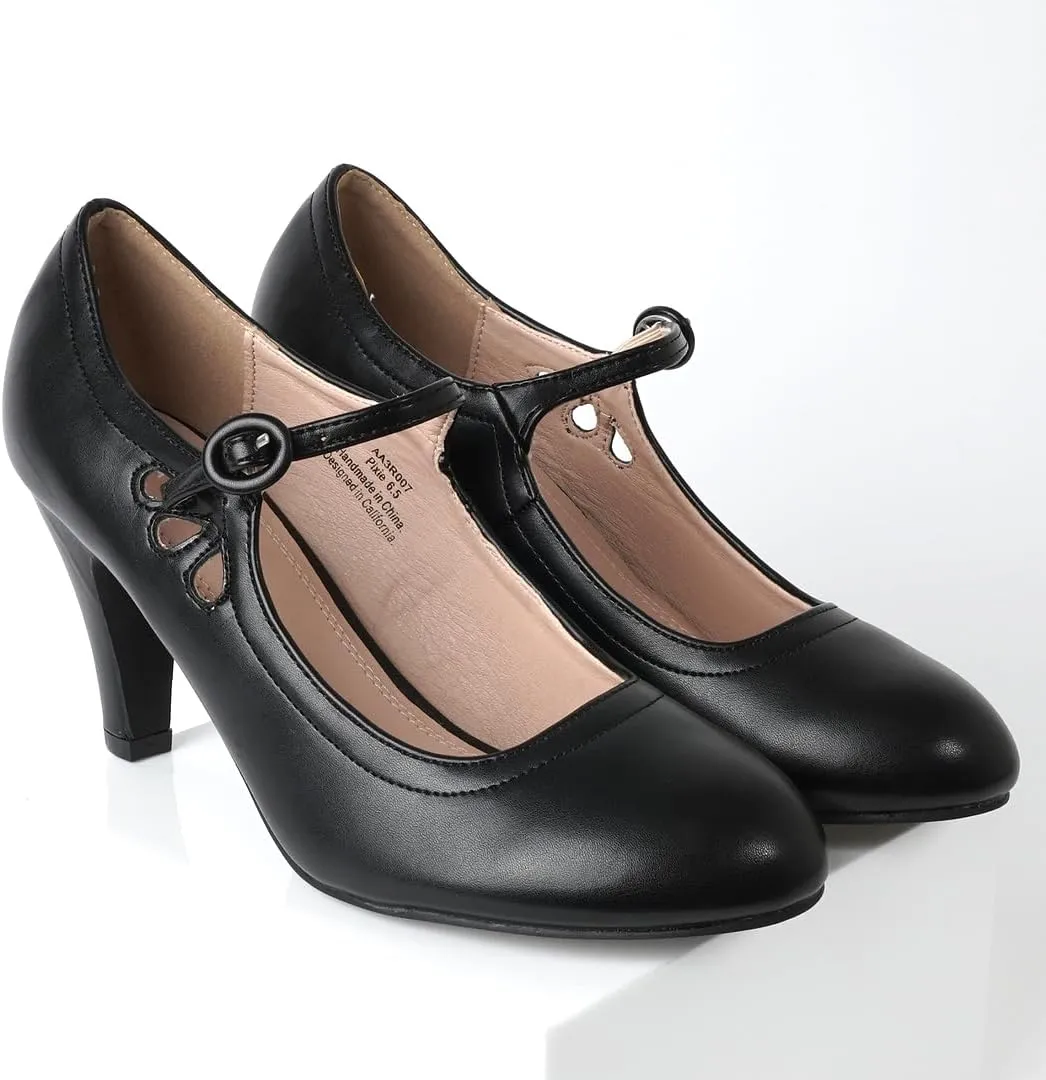 J. Adams Pixie Mary Jane Shoes Women Oxford Pumps - Cute Low Kitten High Heels - Retro Vintage Shoes for Women 1950s Mary Janes Round Toe Shoe with Ankle Strap - Women Dress Shoes