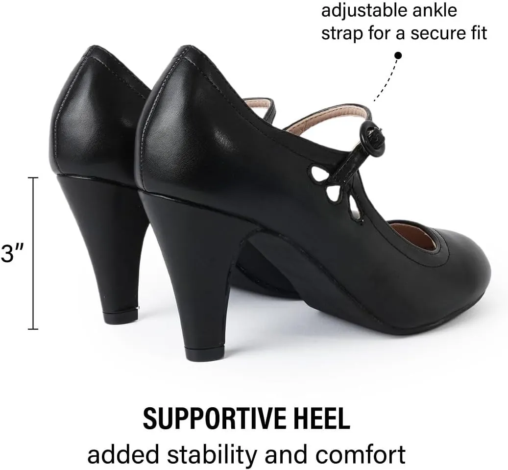 J. Adams Pixie Mary Jane Shoes Women Oxford Pumps - Cute Low Kitten High Heels - Retro Vintage Shoes for Women 1950s Mary Janes Round Toe Shoe with Ankle Strap - Women Dress Shoes