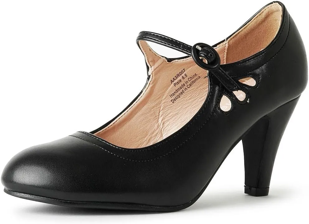 J. Adams Pixie Mary Jane Shoes Women Oxford Pumps - Cute Low Kitten High Heels - Retro Vintage Shoes for Women 1950s Mary Janes Round Toe Shoe with Ankle Strap - Women Dress Shoes