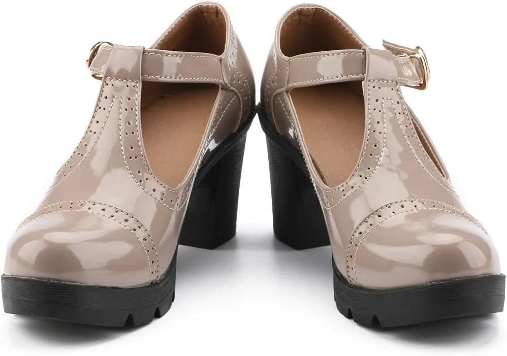 kkdom Women's T-Strap Mary Jane Pumps Oxfords Mid Block Heel Platform Court Dress Shoes