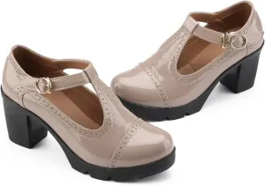 kkdom Women's T-Strap Mary Jane Pumps Oxfords Mid Block Heel Platform Court Dress Shoes