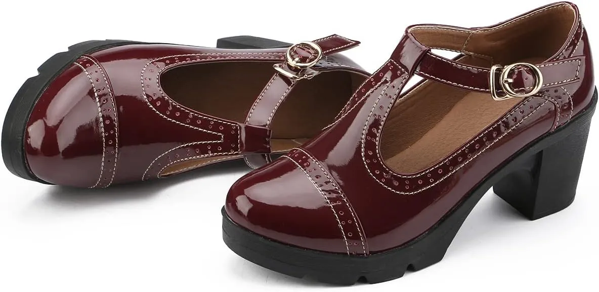 kkdom Women's T-Strap Mary Jane Pumps Oxfords Mid Block Heel Platform Court Dress Shoes