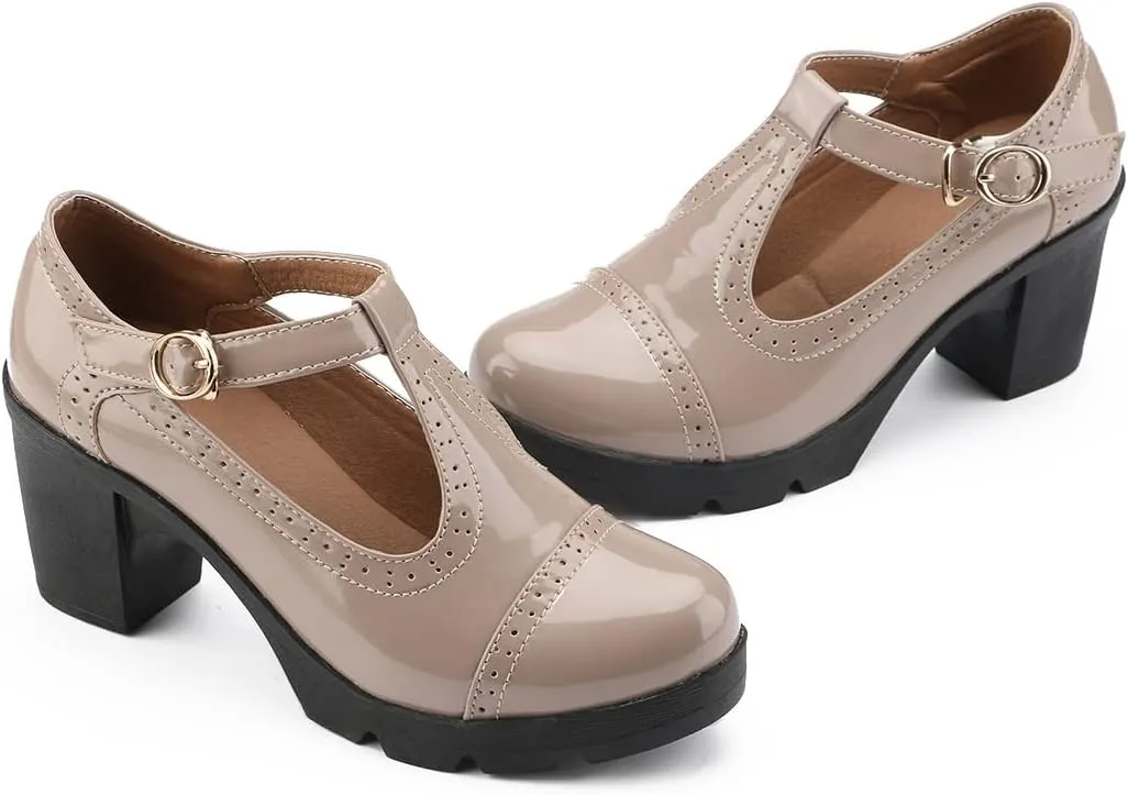 kkdom Women's T-Strap Mary Jane Pumps Oxfords Mid Block Heel Platform Court Dress Shoes
