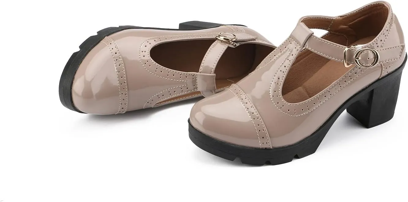 kkdom Women's T-Strap Mary Jane Pumps Oxfords Mid Block Heel Platform Court Dress Shoes