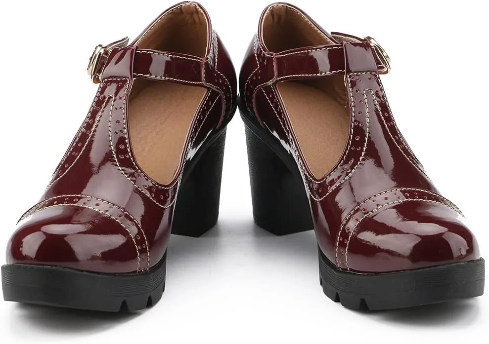 kkdom Women's T-Strap Mary Jane Pumps Oxfords Mid Block Heel Platform Court Dress Shoes