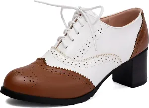 KOKOMOMO Women's Perforated Lace-Up Brogues Chunky Block Heels Wingtip Oxfords Two Tone Saddle British Vintage Derby Shoes