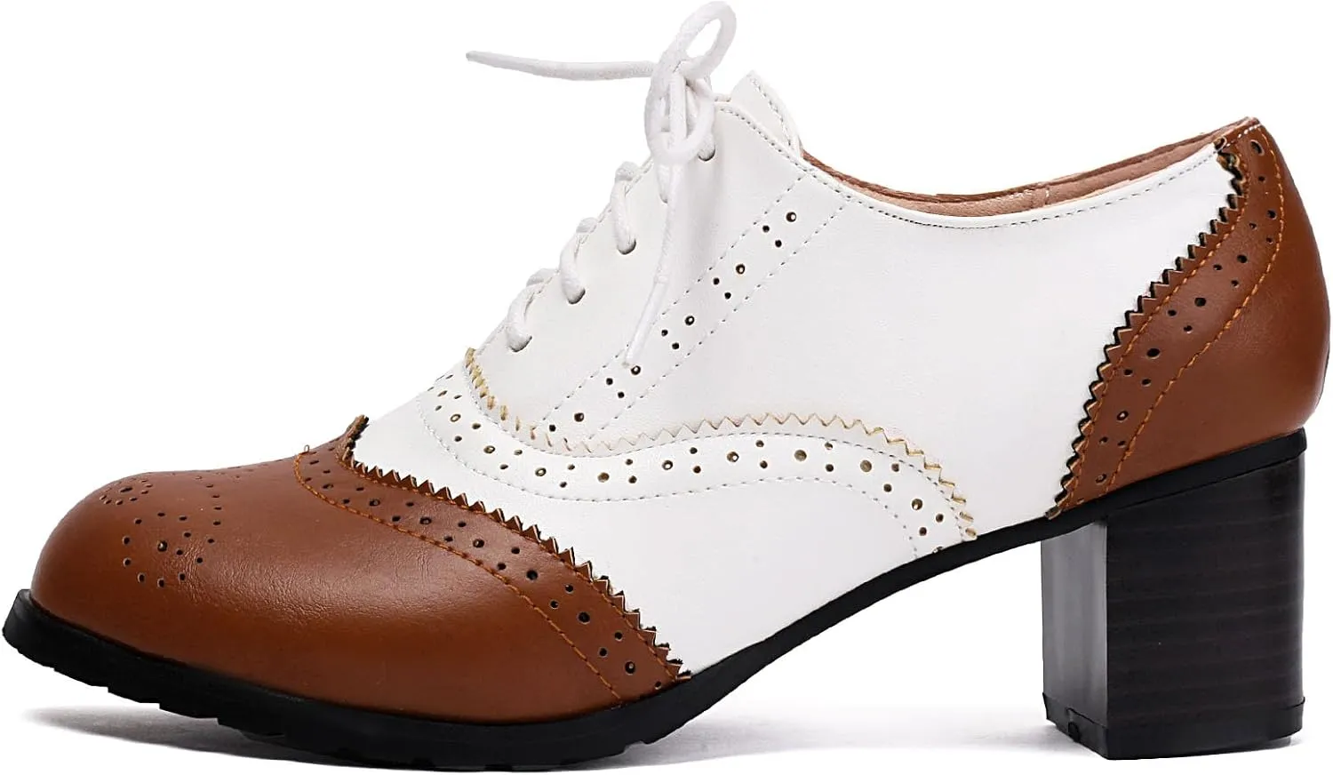 KOKOMOMO Women's Perforated Lace-Up Brogues Chunky Block Heels Wingtip Oxfords Two Tone Saddle British Vintage Derby Shoes