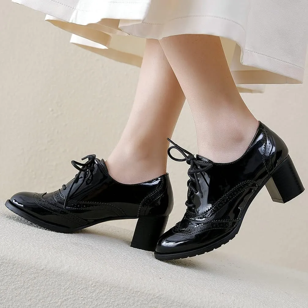 KOKOMOMO Womens Wingtip Heels Patent Leather Chunky Oxfords Vintage Lace Up Brogue Shoes