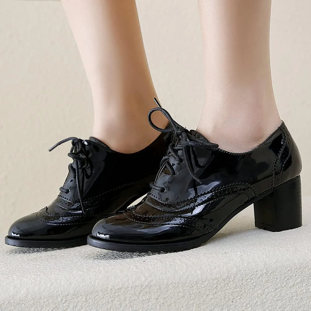 KOKOMOMO Womens Wingtip Heels Patent Leather Chunky Oxfords Vintage Lace Up Brogue Shoes