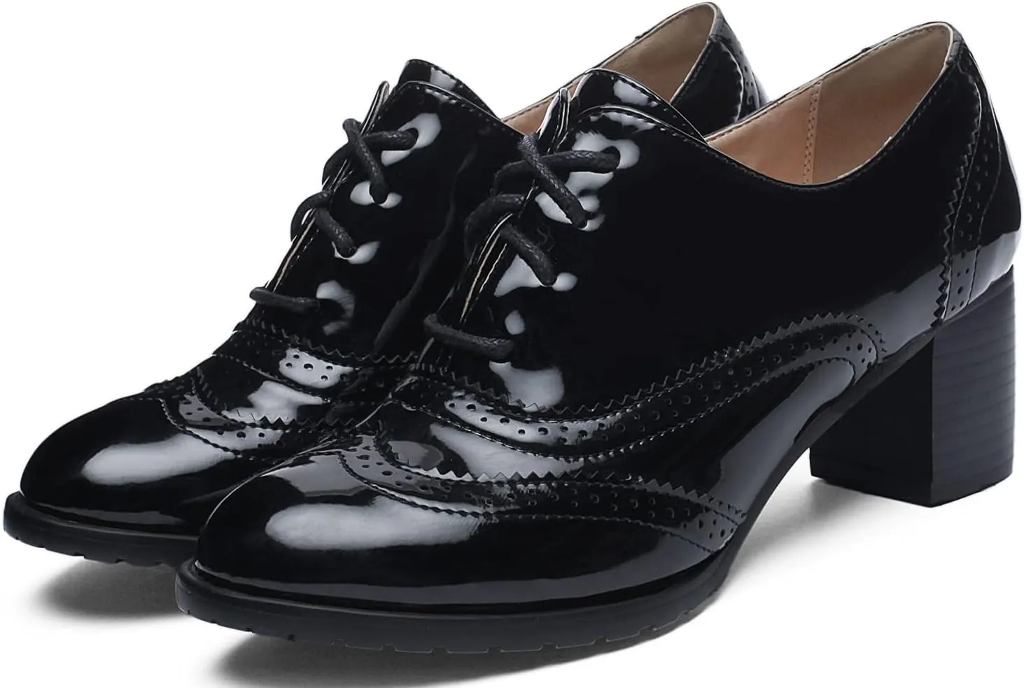 KOKOMOMO Womens Wingtip Heels Patent Leather Chunky Oxfords Vintage Lace Up Brogue Shoes