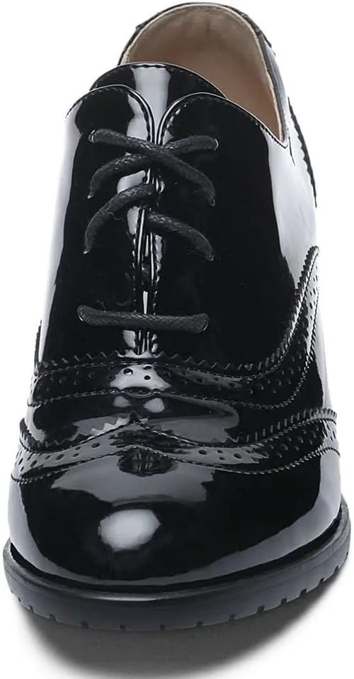 KOKOMOMO Womens Wingtip Heels Patent Leather Chunky Oxfords Vintage Lace Up Brogue Shoes