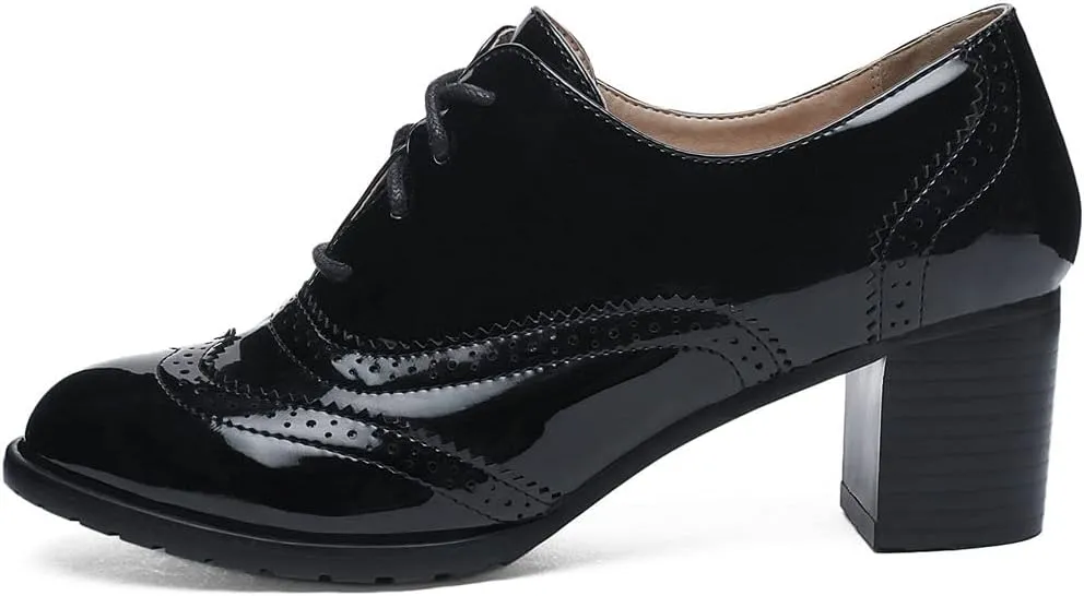 KOKOMOMO Womens Wingtip Heels Patent Leather Chunky Oxfords Vintage Lace Up Brogue Shoes
