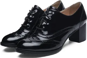 KOKOMOMO Womens Wingtip Heels Patent Leather Chunky Oxfords Vintage Lace Up Brogue Shoes