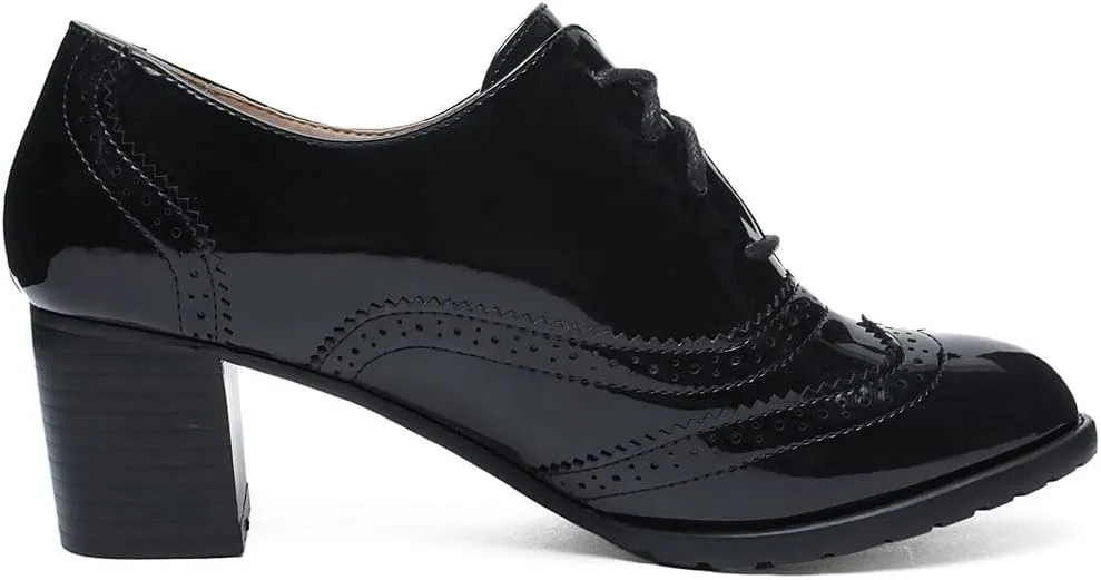 KOKOMOMO Womens Wingtip Heels Patent Leather Chunky Oxfords Vintage Lace Up Brogue Shoes