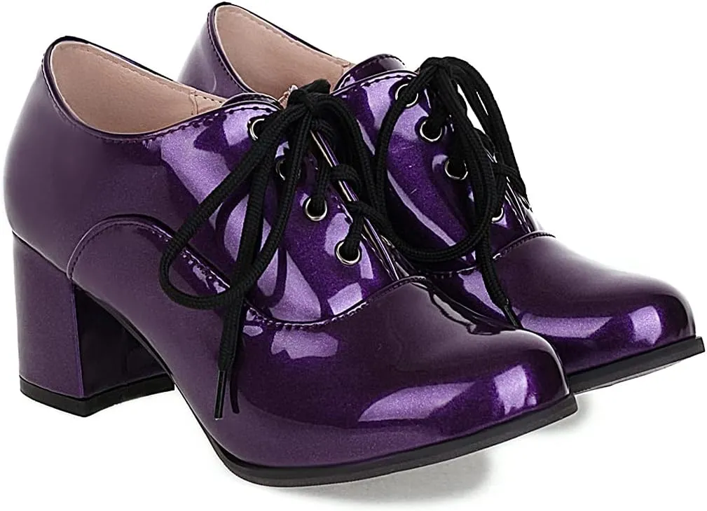KOKOMOMO Womens Wingtip Shoes Patent Leather Lace Up Oxford Heels Chunky Brogue Shoes