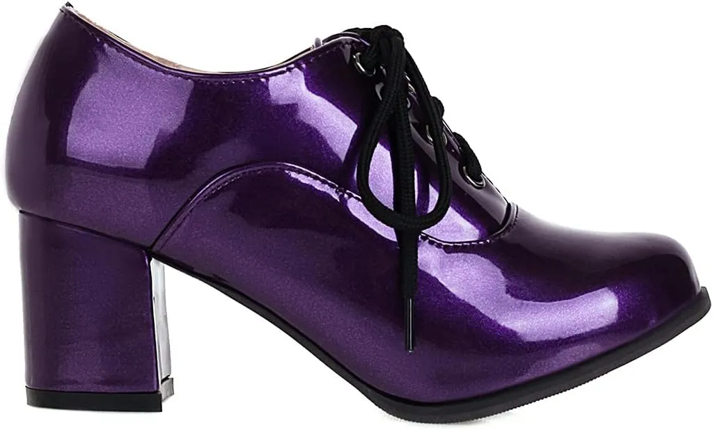 KOKOMOMO Womens Wingtip Shoes Patent Leather Lace Up Oxford Heels Chunky Brogue Shoes