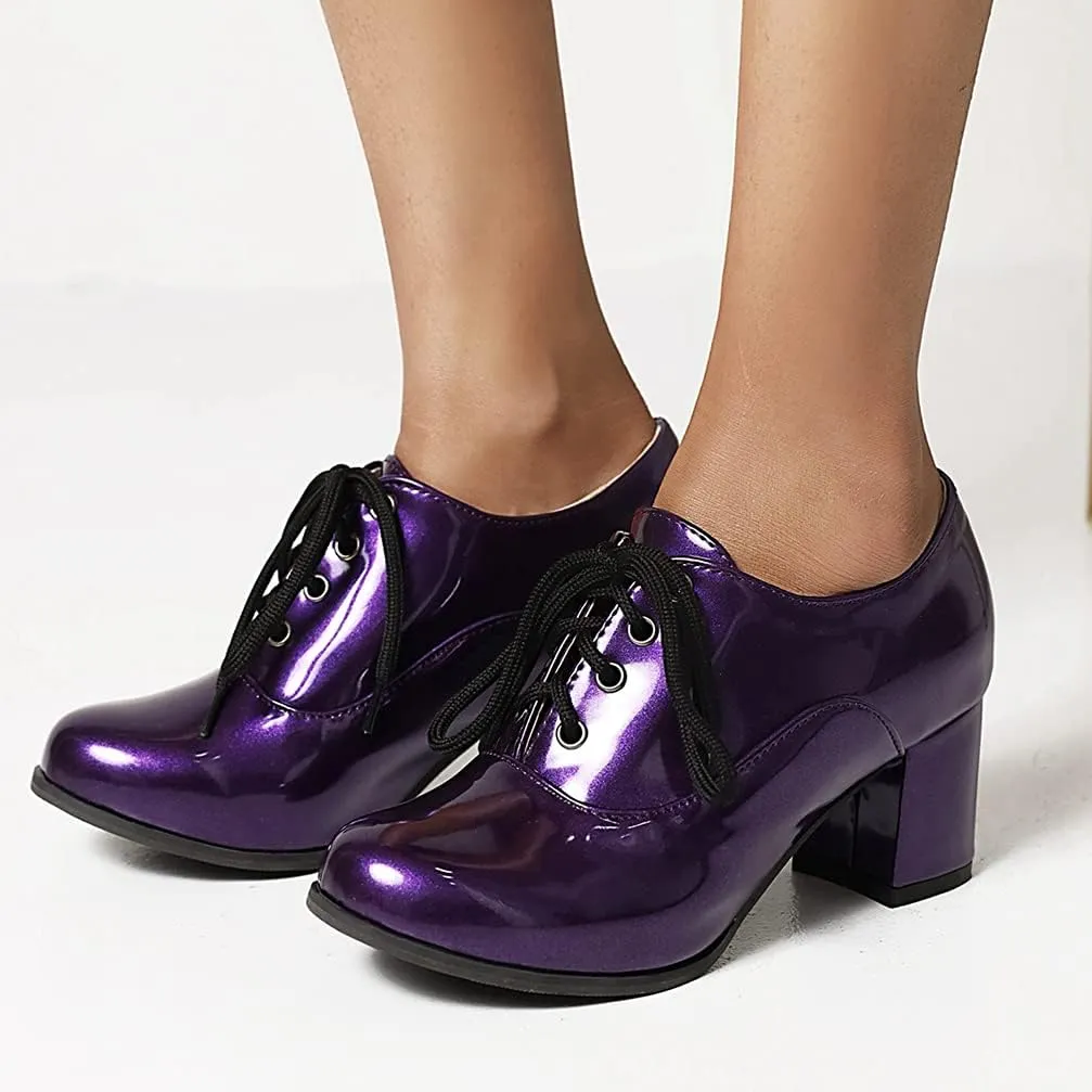 KOKOMOMO Womens Wingtip Shoes Patent Leather Lace Up Oxford Heels Chunky Brogue Shoes