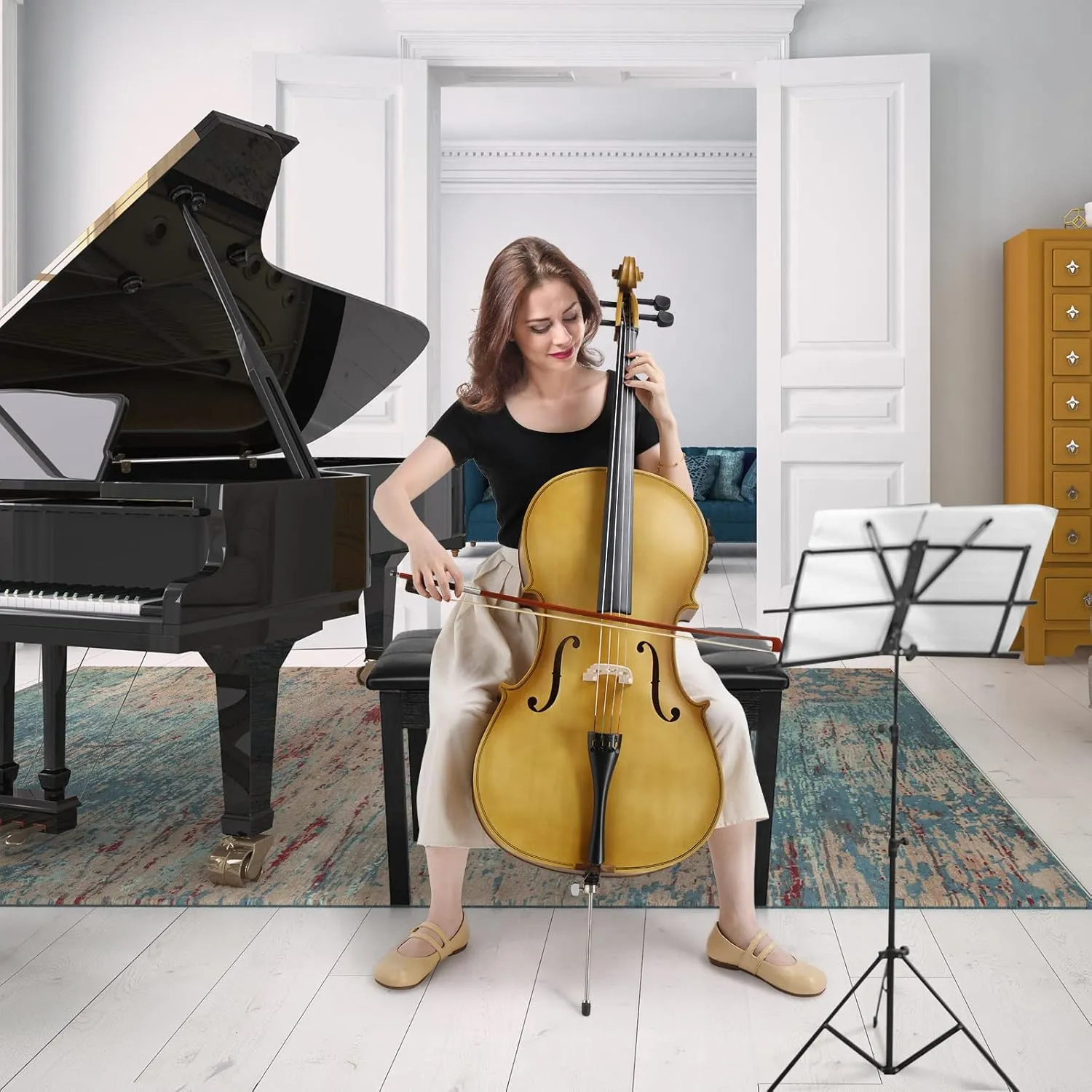 Ktaxon Full-Size Cello, Beginner Cello 4/4, Acoustic Cello Set with Portable Bag, Bow, Rosin, Bridge, Adults & Kids String Musical Instruments(Matte Golden)