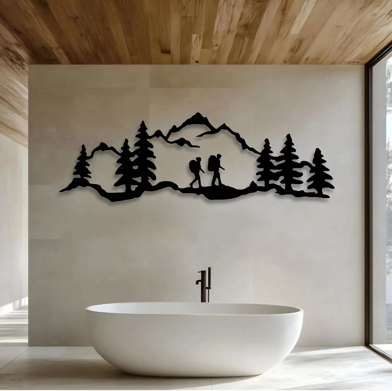 kuestboy Hiking Wall Art,Mountain Metal Wall Art,Mountain Range with Hiker,Mountain Scape Decor,Mountain With Trees,Camping Art,Mountain Scene (35"x12" | 90 x 30cm)